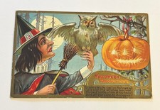 Antique/Vtg Nash series # 2 Halloween Precautions Postcard - Witch Owl JOL picture