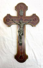 Antique 1800's French bronze patinated metal inlaid wood wall crucifix cross picture