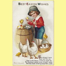 Vtg Clapsaddle Easter Boy Paints Eggs Chickens Chicks A/S Emb c1914 Near Mint picture