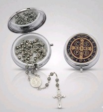 St Benedict Pocket Rosary & Keepsake Box Set Silver Tone protection  picture