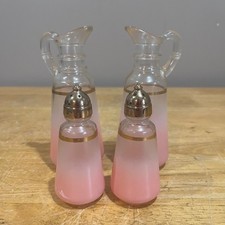 Vintage Frosted Pink Ombre Glass Cruet and Salt Pepper Shaker Set Gold Trim 4pc picture