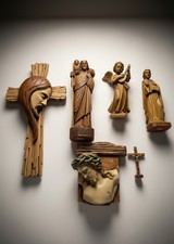 6pc Vintage Antique Religious Bundle Wood Carved Italy Catholic Devotional Set picture
