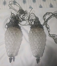 VTG MC 1960s 1970s Double Pineapple Swag Lamps Hollywood Regency Gold Brass picture