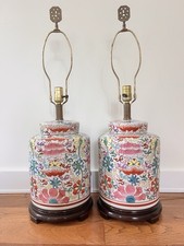 Large Pair Vintage Chinese Porcelain Famille Chinoiserie Ginger Jar Table Lamps picture