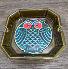 Vintage Japan Ceramic Owl Ashtray MCM Olive Green Blue Red Eyes Retro picture