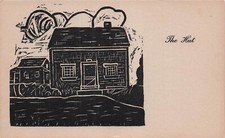 Black and white woodcut print The Hut Cottage Primitive House Vtg Postcard G22 picture