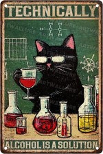 Black Cat Vintage Technically Alcohol is a Solution Tin Metal Signs Home Décor picture