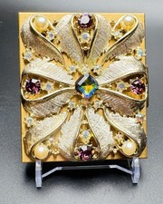 Vintage S J Co Fifth Avenue Square Powder Compact Rhinestone Pearl picture