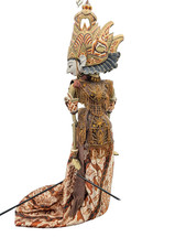 Vintage Indonesian Wayang Golek Hand-Carved Wood Rod Puppet in beaded silk outfi picture