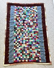 Vtg 1970s Boho Patchwork Quilt Handmade 42x64 Colorful Retro Fabric Blanket picture