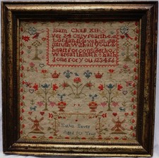 EARLY 19TH CENTURY MOTIF & QUOTATION SAMPLER BY ESTHER BAVEY AGED 10 - c.1840 picture