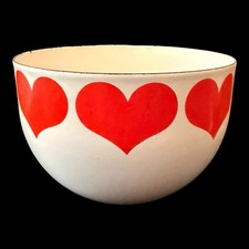 VTG 1960’s Kaj Franck White Enamel Metal Bowl With Red Hearts design 6.25”x4” picture
