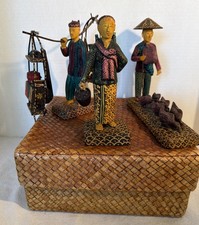 Vtg Hand-Carved Filipino Wood Vendor Figurine Set Signed 5 Piece Hand Painted picture