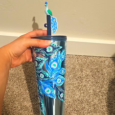 Starbucks Peacock Feather Cold Cup Tumbler w/ Lid Straw Topper Blue Green 2024 picture