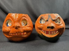 2 Vintage Antique Paper Mache Halloween Pumpkin Jack O Lantern RARE Faces picture