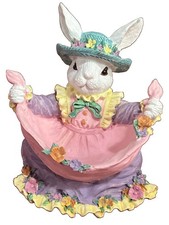 Easter Spring Trinket Box Bunny W/Apron Flowers Rabbit Candy Holder Resin 4” VTG picture