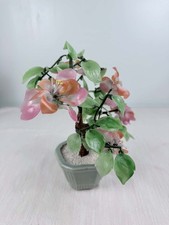 Vintage Chinese Gemstone Bonsai Tree Pink Flowers Carved Green Leaves picture