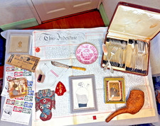 Junk Drawer Lot Vintage & Antiques 1890 velum indenture, Art Deco Silver Plate.. picture