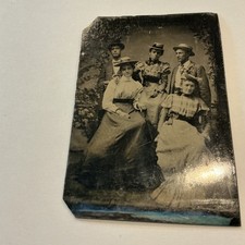 ANTIQUE TINTYPE OF THREE WOMEN AND TWO MEN ALL WEARING HATS 1800’ picture