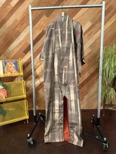 Vintage Japanese Silk Kimono Grey Plaid Embroidered Butterfly Motif Shows Era picture