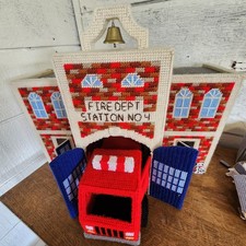 Vtg handmade Fire Station Needlepoint Yarn Impressionistic Work Of Art Unique  picture