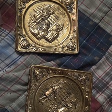 Vintage Pair of English Embossed Brass Small Wall Plates / Trays Rural Scene 7