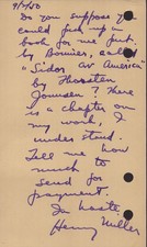 HENRY MILLER - AUTOGRAPH NOTE SIGNED 09/02/1950 picture
