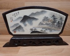 Vintage Chinese Hand-Painted Fan-Shaped Marble Table Screen on Carved Wood Stand picture