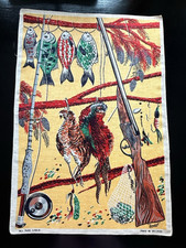 Vintage Tea Towel MCM Game Hunting Pheasant Fishing Gun Lures Fish Lamont picture