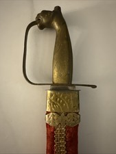 Vintage Indian Sikh Kirpan Dagger Lion Head Engraved Blade Velvet Sheath 13.5” picture