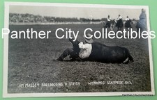 1913 RPPC Photo Postcard Winnipeg Stampede Rodeo Jim Massey Bulldogging Steer picture