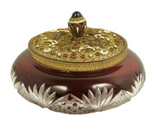 Antique Ruby Cut to Clear Crystal Trinket Box Jar Jeweled Ormolu Lid Dresser Jar picture
