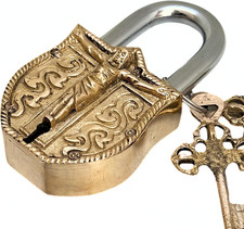 Shiny Brass Church Lock Vintage Padlock with Embossed Jesus Christ Design – Deco picture