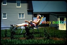 1950s Orig Slide-Mid-Century Scene-Mod Woman reclines on Lawn chair- vtg photo picture