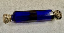 Antique COBALT Blue DOUBLE 'LayDown' PERFUME smelling salts Bottle STERLING caps picture