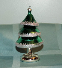 De Carlini Green Glass Tree Christmas Ornament Silver Glitter Trim 4 1/2