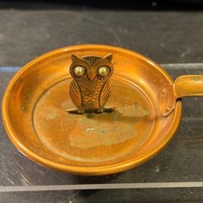 Vintage Solid Copper Owl Ashtray Trinket Dish Single Rest MCM Bird Decor picture