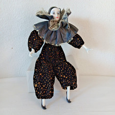Vintage 80s Porcelain Pierrot Clown Doll Black Velvet Gold Stars Hand Painted picture