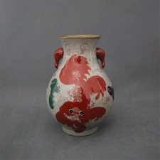 Old Chinese Famille Rose Porcelain Vase Twin‑Handled Lion Shi‑Shi Pattern Vase picture