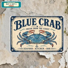 Blue Crab Seafood Restaurant Coastal Beach House Retro Metal Tin Sign picture