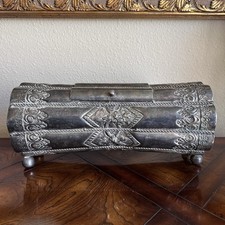 Antique VTG Barrel Shape Metal Box 16.5 Inch Footed Lidded Hammered Ornate READ picture