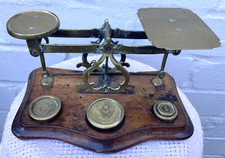 Antique English Postal Scales ~ Brass Wooden Base ~ Warranted Accurate Weights picture