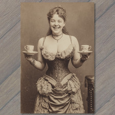POSTCARD Victorian Woman Corset Holding Tea Cups Sepia Antique Humor picture