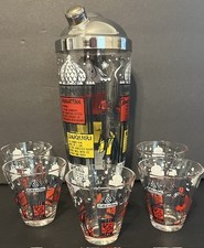 Vintage 1950s Hazel Atlas Paris Nightlife Cocktail Shaker Set 5 Glasses MCM picture