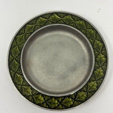 Danforth Fine Pewter Dish Plate with Green Enamel Leaf Motif USA 3.5