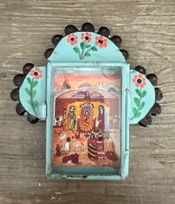 VTG Roberto Gonzales Tin Nicho Shadow Box Folk Art Hand Painted Glass Door picture