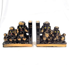 Set of 2 Vtg 1950's Red Ware Ceramic Black Gold Poodle Dogs Bookends Japan MCM picture