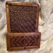 Vintage Woven Bamboo Wood Wall Pocket Mail Letter Holder  picture