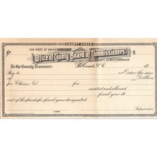 c1910 South Carolina Office McCormick County Board of Commissioners Check AD8-R6 picture