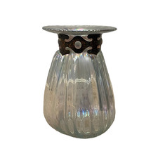 Vintage Silvestri Large Iridescent Mouth Blown Glass Vase Metal Accent Collar picture